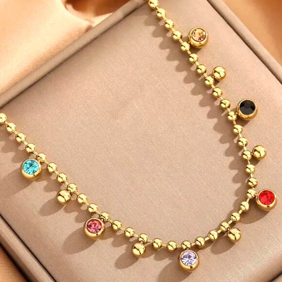 Pink Lemonade Jewelry - 18K GOLD DIPPED BALL CHAIN NECKLACE SET WITH BALL CZ IN COLORS ALL AROUND